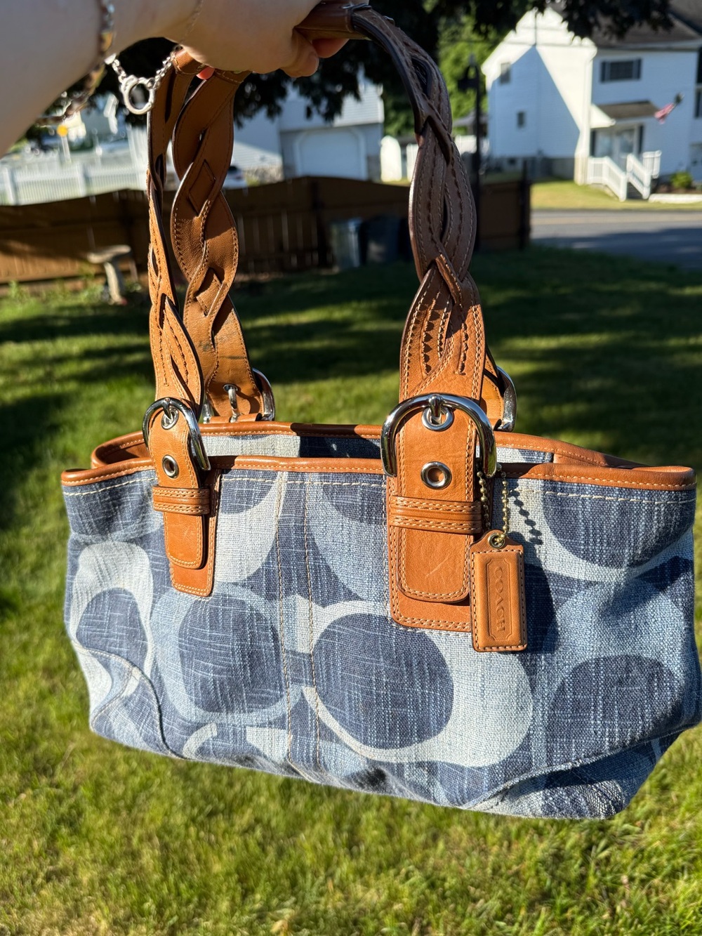 Coach signature denim braided handle shoulder bag purse